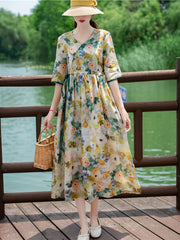 Vintage Floral Print Ruched Dress Tie Waist Surplice Neck A Line