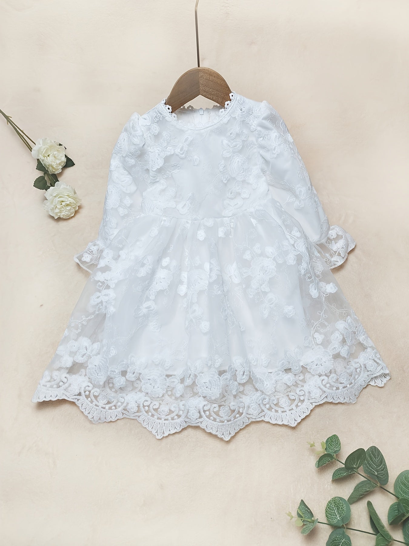 Girls Flower Embroidery Lace Princess Dress Long Sleeve Kids Clothes