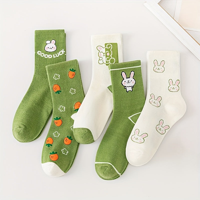 5 Pairs Bunny & Carrot Print Socks Women's Mid Tube Stockings