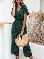 Polka Dot Jumpsuit Short Sleeve V Neck Wide Leg