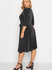 Sequin V Neck 3/4 Sleeve Midi Prom Dress Plus Size