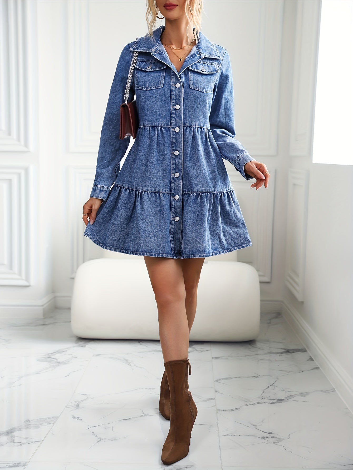 Denim Dress Long Sleeve Button Up Collar Mini Smock
