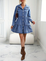 Denim Dress Long Sleeve Button Up Collar Mini Smock