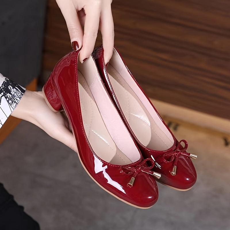 Women's Bowknot Mid Heel Wedding Shoes Soft sole Round Toe PU Leather