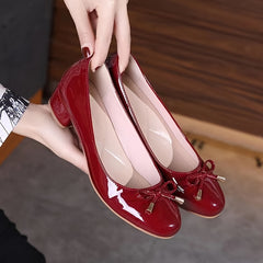 Women's Bowknot Mid Heel Wedding Shoes Soft sole Round Toe PU Leather