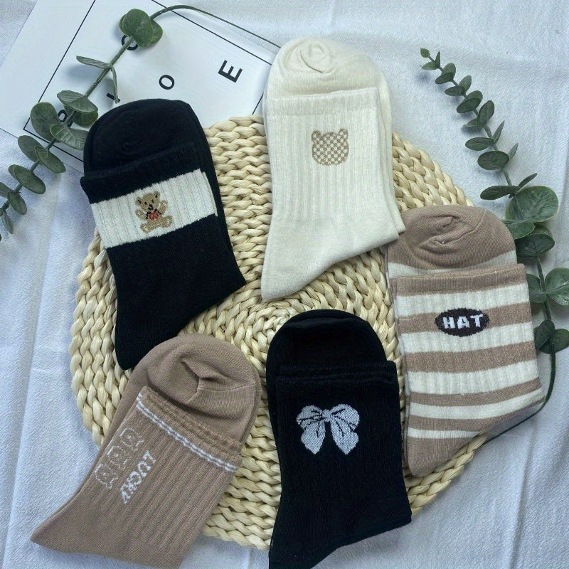 5 Pairs Bear & Letter Print Socks Women's Mid Tube Stockings