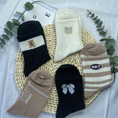 5 Pairs Bear & Letter Print Socks Women's Mid Tube Stockings