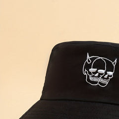 Skull Embroidery Bucket Hat Cotton Foldable Basin Hat
