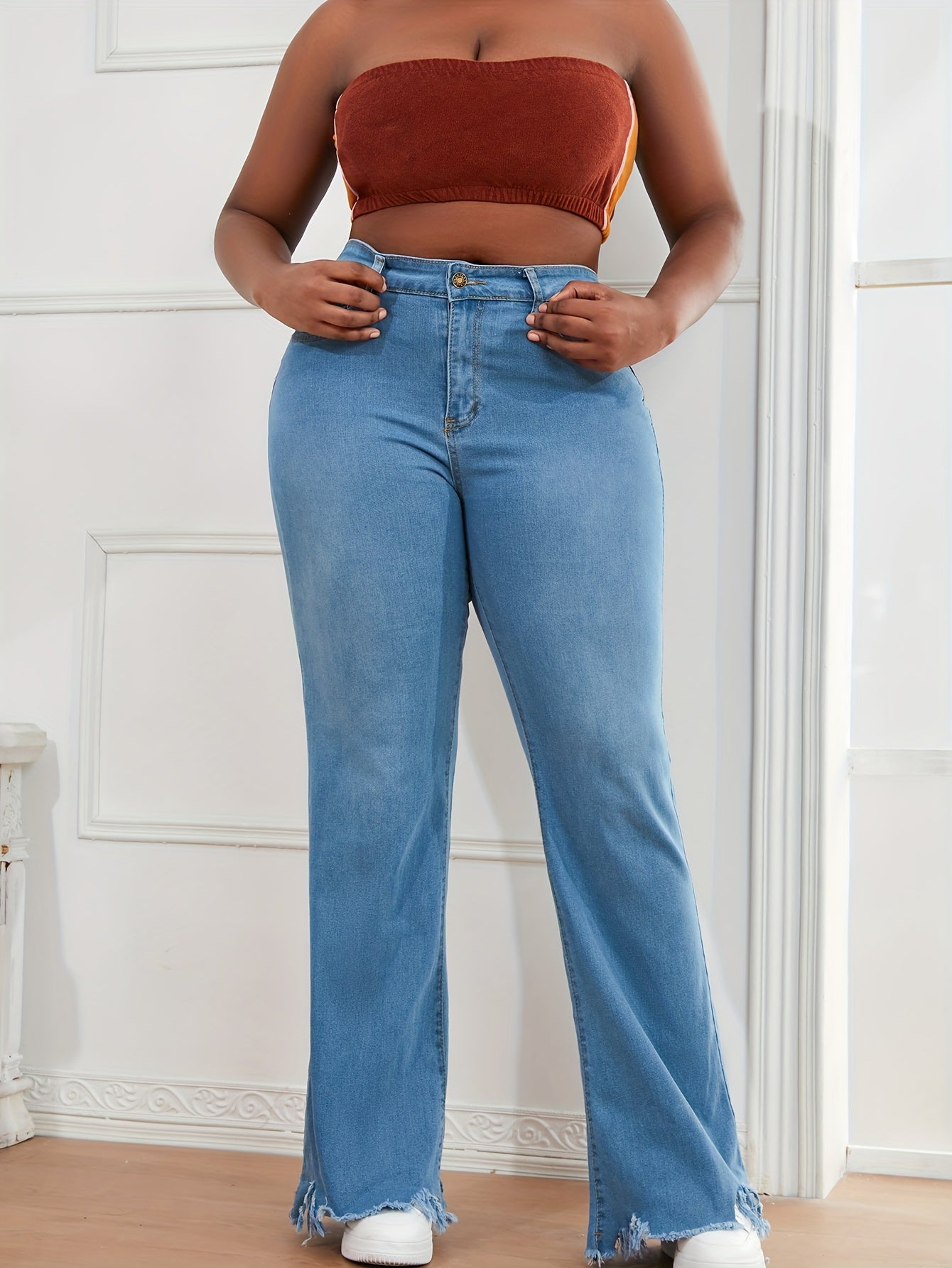 Washed High Rise Fringe Flare Jeans