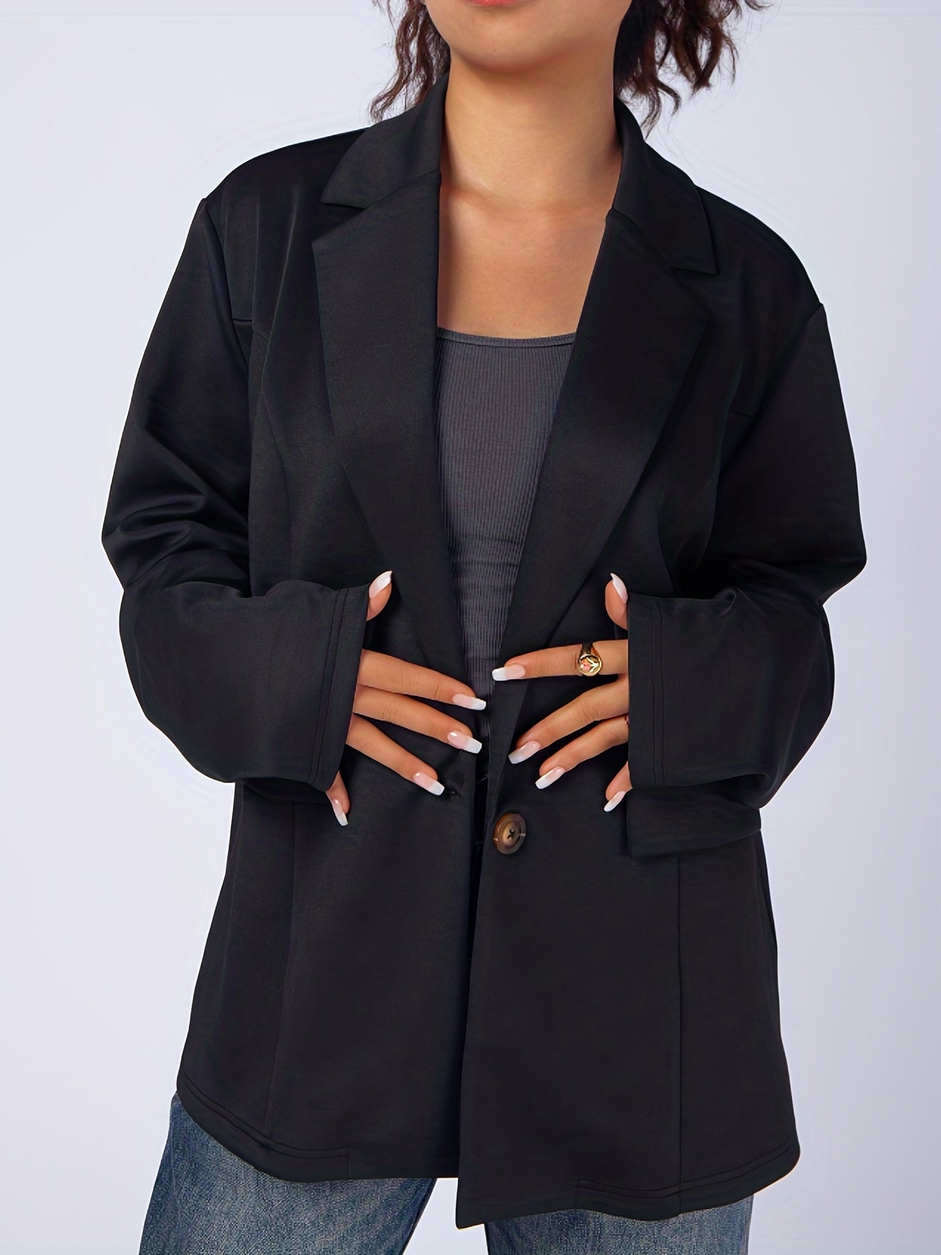 Women's Plus Solid Long Sleeve Single Breast Button Lapel Collar Blazer