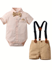 2pcs Baby Boy Bow Romper & Overalls Set