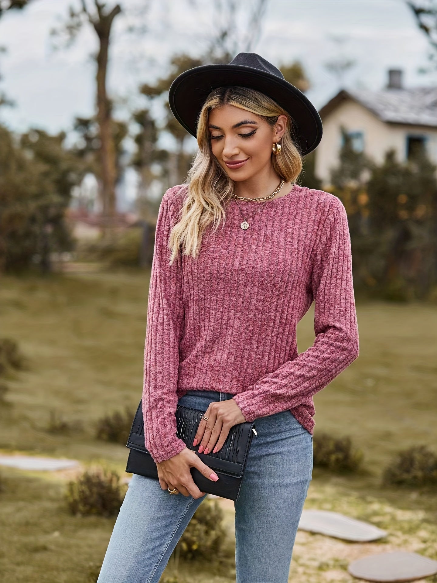 Solid Ribbed Long Sleeve Knit Top
