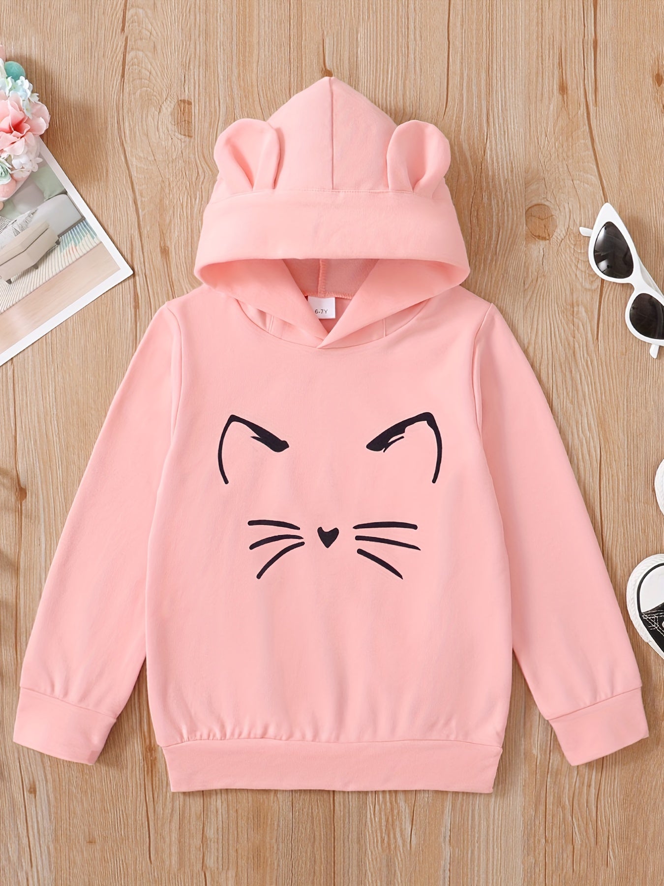 Girls' Cartoon Cat Bear Ear Hoodie Casual Sweatshirt Top