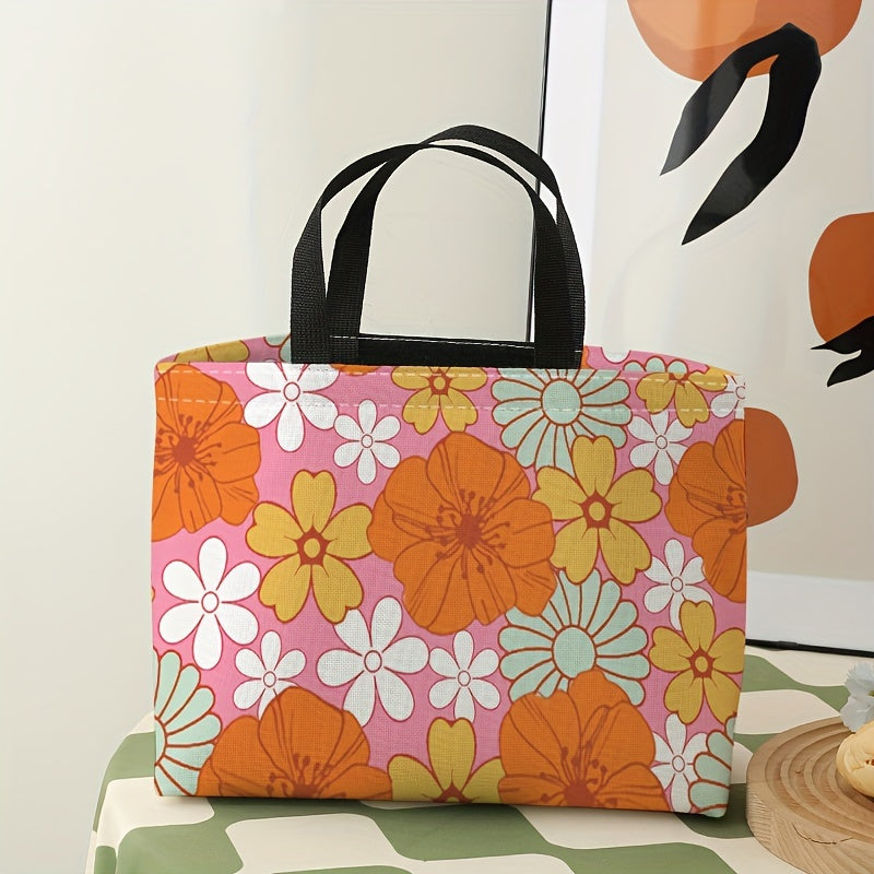 Orange Flowers Printed Lunch Bag Waterproof Insulated Large Capacity
