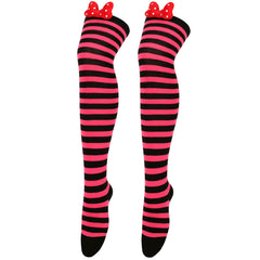 Striped Thigh High Stockings With Bow Over Knee Socks