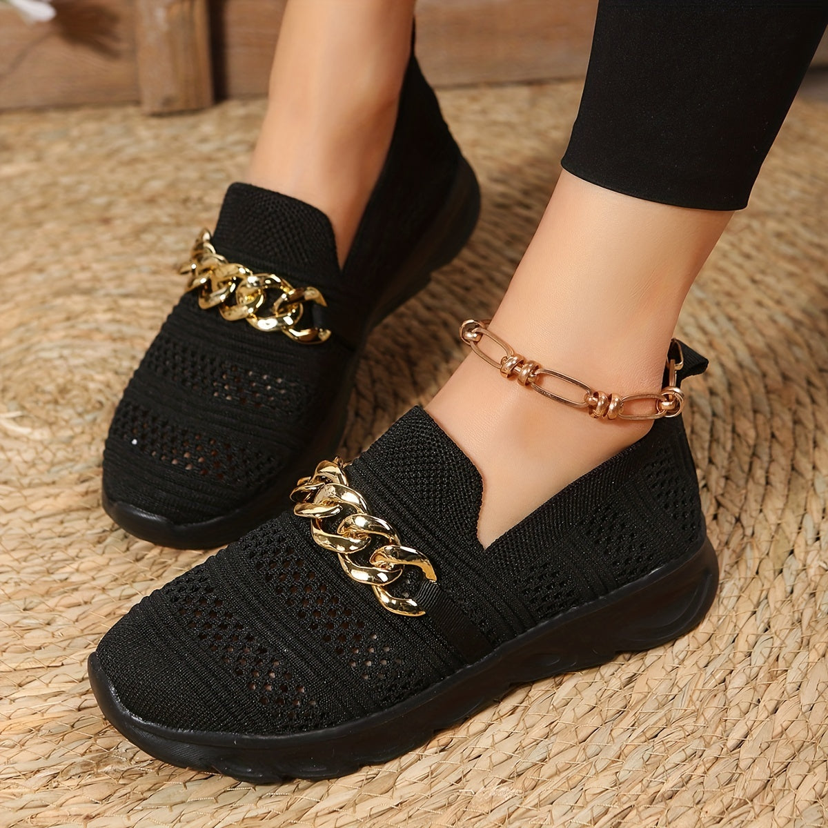 Metallic Chain Decor Woven Mesh Slip On Lightweight Comfy Outdoor Shoes