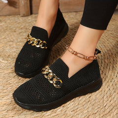 Metallic Chain Decor Woven Mesh Slip On Lightweight Comfy Outdoor Shoes