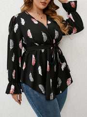 Feather Print Flounce Sleeve Surplice Neck Tunic Shirt Top