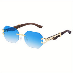Vintage Wood Grain Square Rimless Sunglasses Leopard Temples