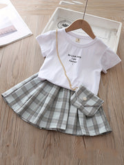 Toddler Girls Top And Plaid Skirt Set With Bag Kids Clothes
