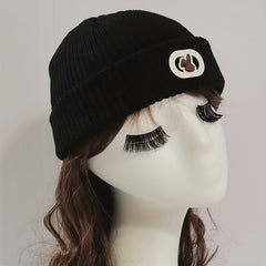 Rabbit Label Embroidery Beanie Solid Knit Hat Elastic Casual Skull Cap