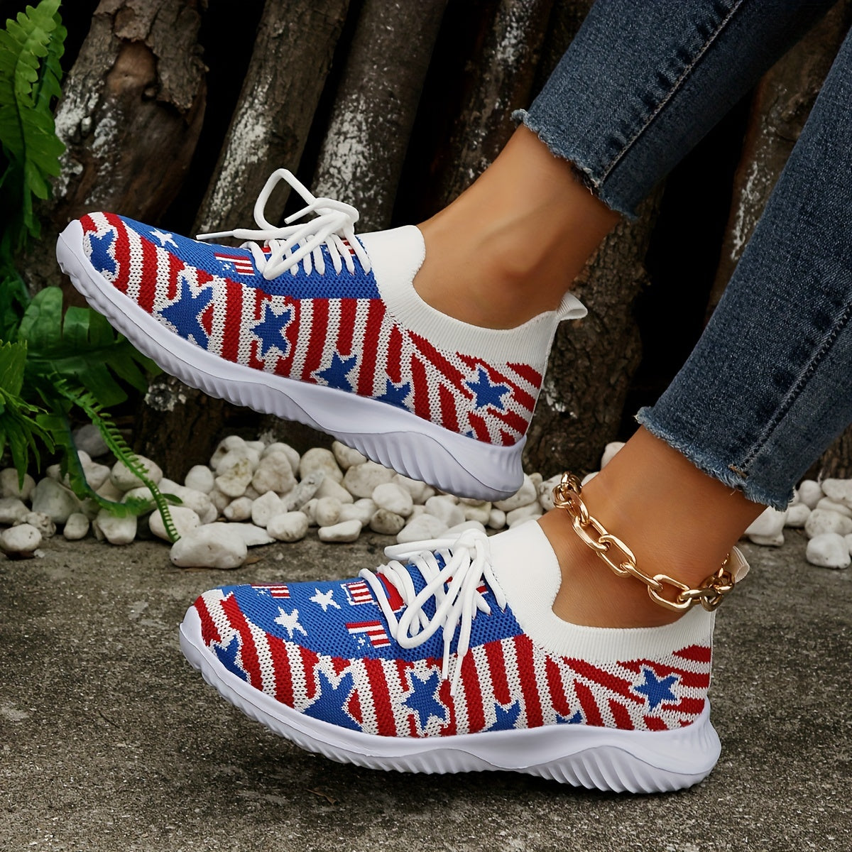 Women's Patriotic Walking Shoes Flying Woven Lace Up Flat Shoes