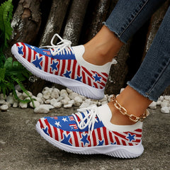 Women's Patriotic Walking Shoes Flying Woven Lace Up Flat Shoes