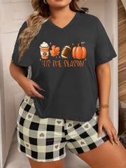 Pumpkin Slogan Print V Neck Pajama Top