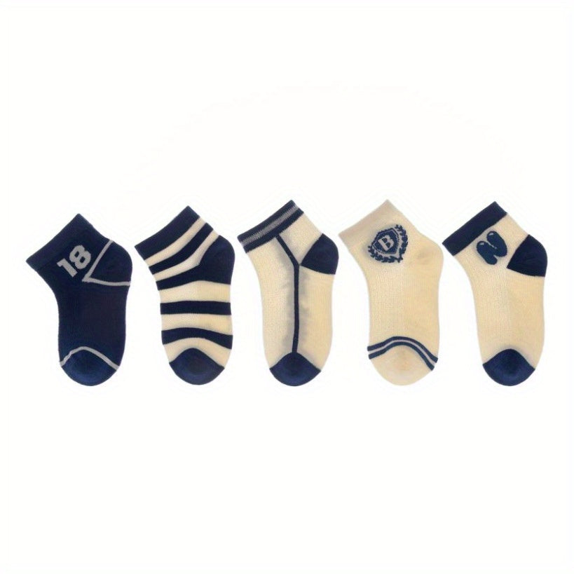 5pcs Boys Kids Cotton Breathable Striped Ankle Socks For Spring