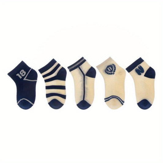 5pcs Boys Kids Cotton Breathable Striped Ankle Socks For Spring