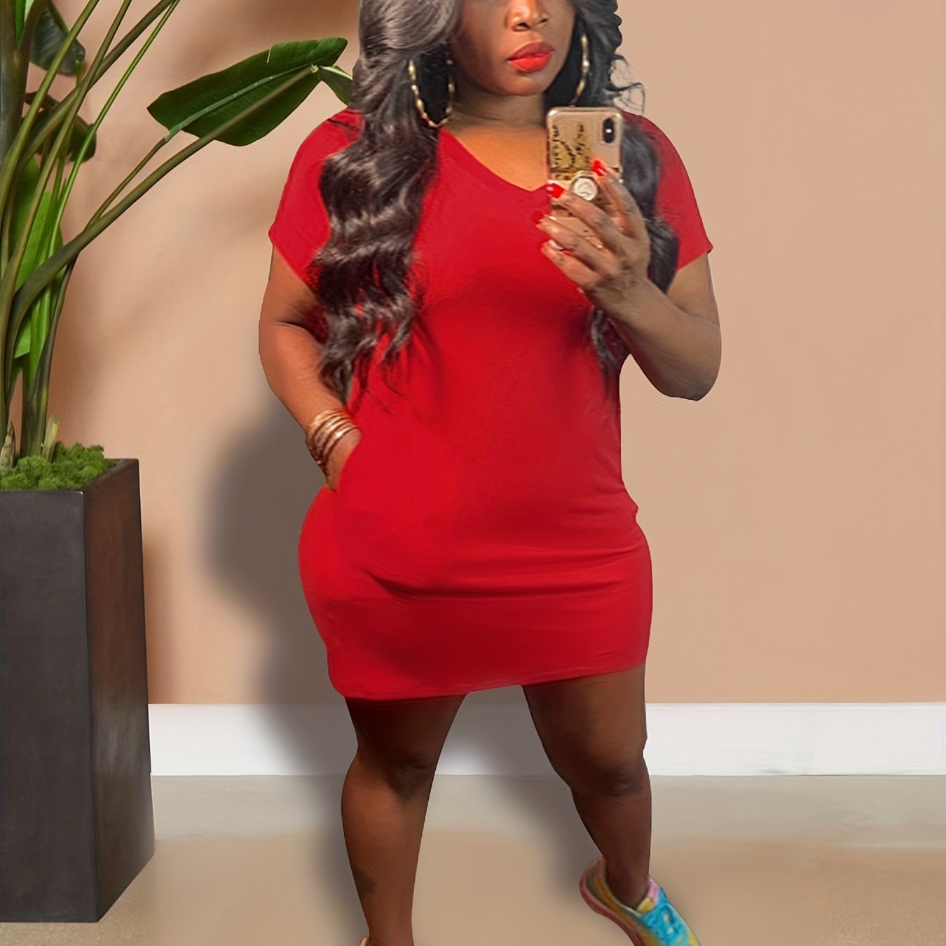 V-Neck Stretch Dress with Pockets