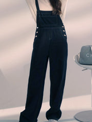 Dark Loose Fit Denim Jumpsuit Non Stretch Slash Pockets Casual Denim Overalls