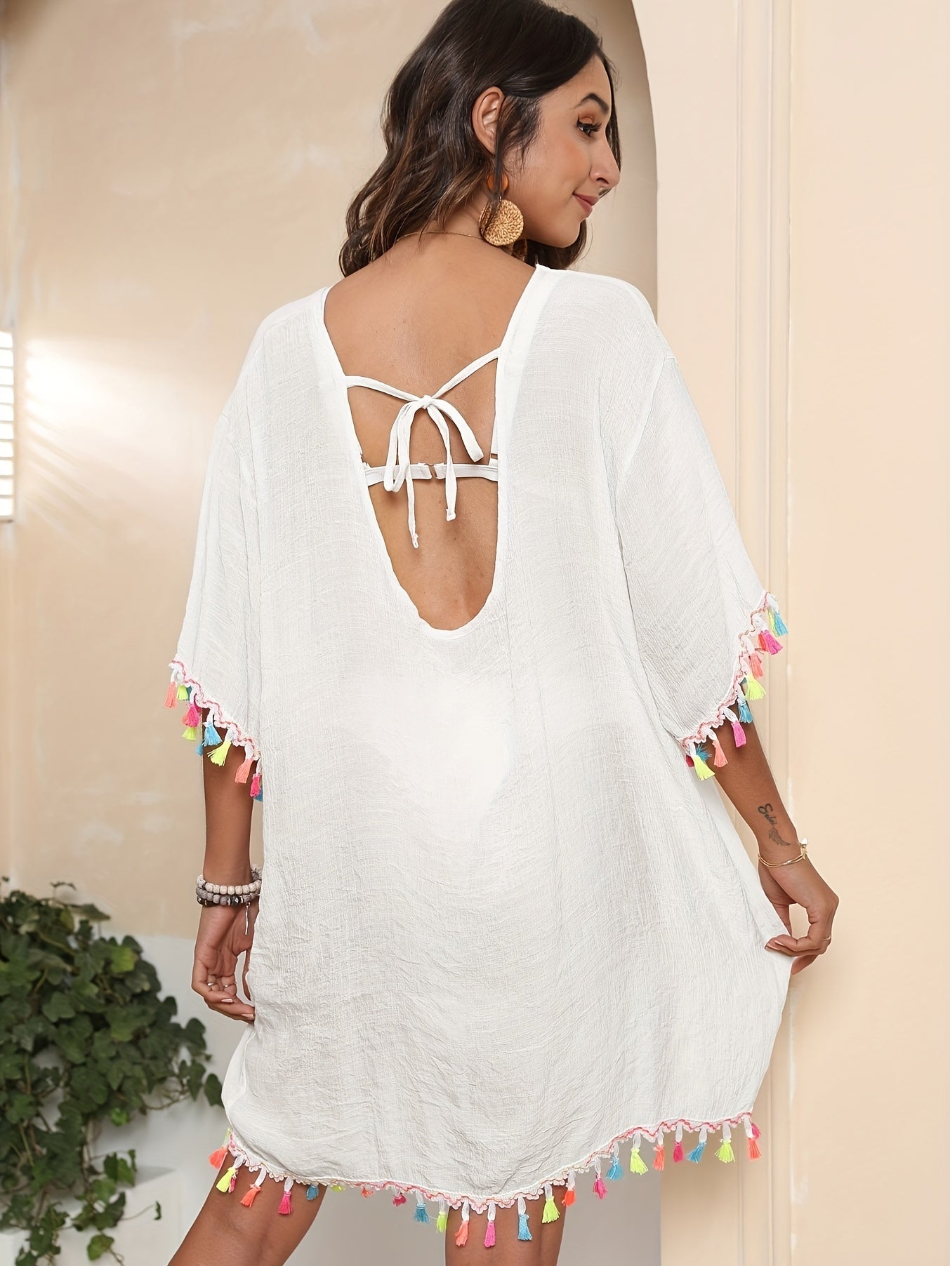 Colorful Tassel Trim Tie Back Coverup 3/4 Sleeve Sheer Dress Kaftan