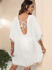 Colorful Tassel Trim Tie Back Coverup 3/4 Sleeve Sheer Dress Kaftan
