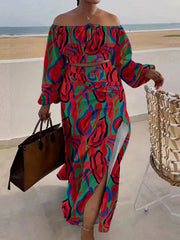 Abstract Print Two Piece Skirt Set Off Shoulder Crop Top & High Split Skirt