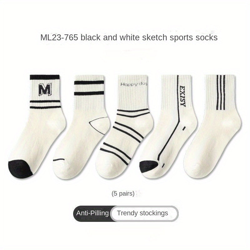 5 Pairs Kids Striped Crew Socks for Spring & Autumn