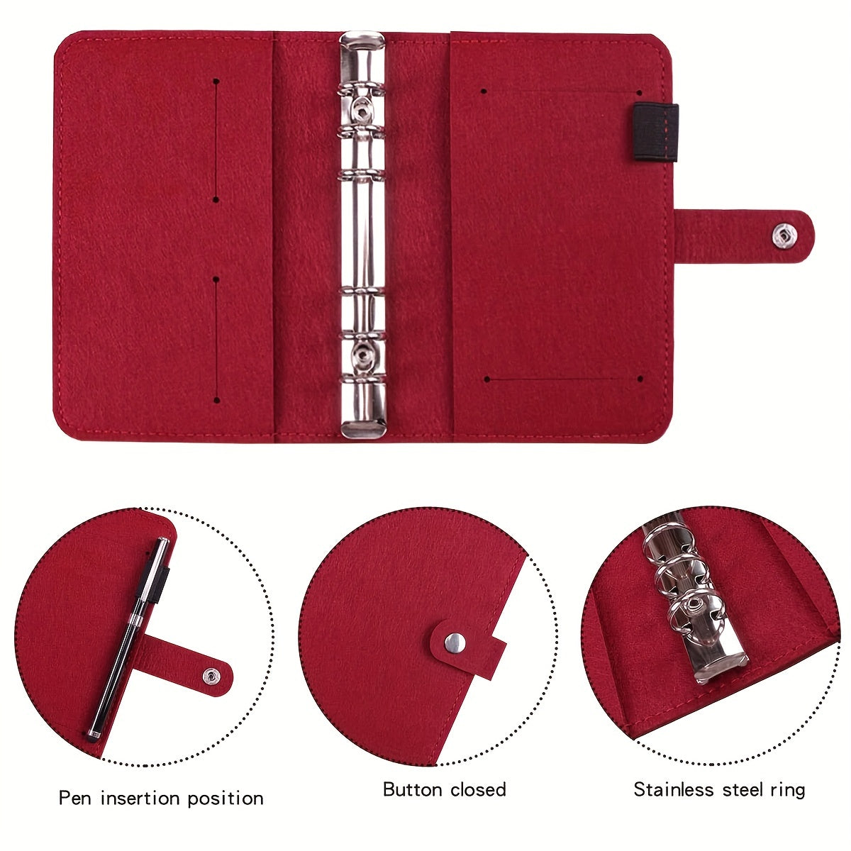 A6 Wine Red Felt Cloth Loose leaf Cover with Zipper Bags
