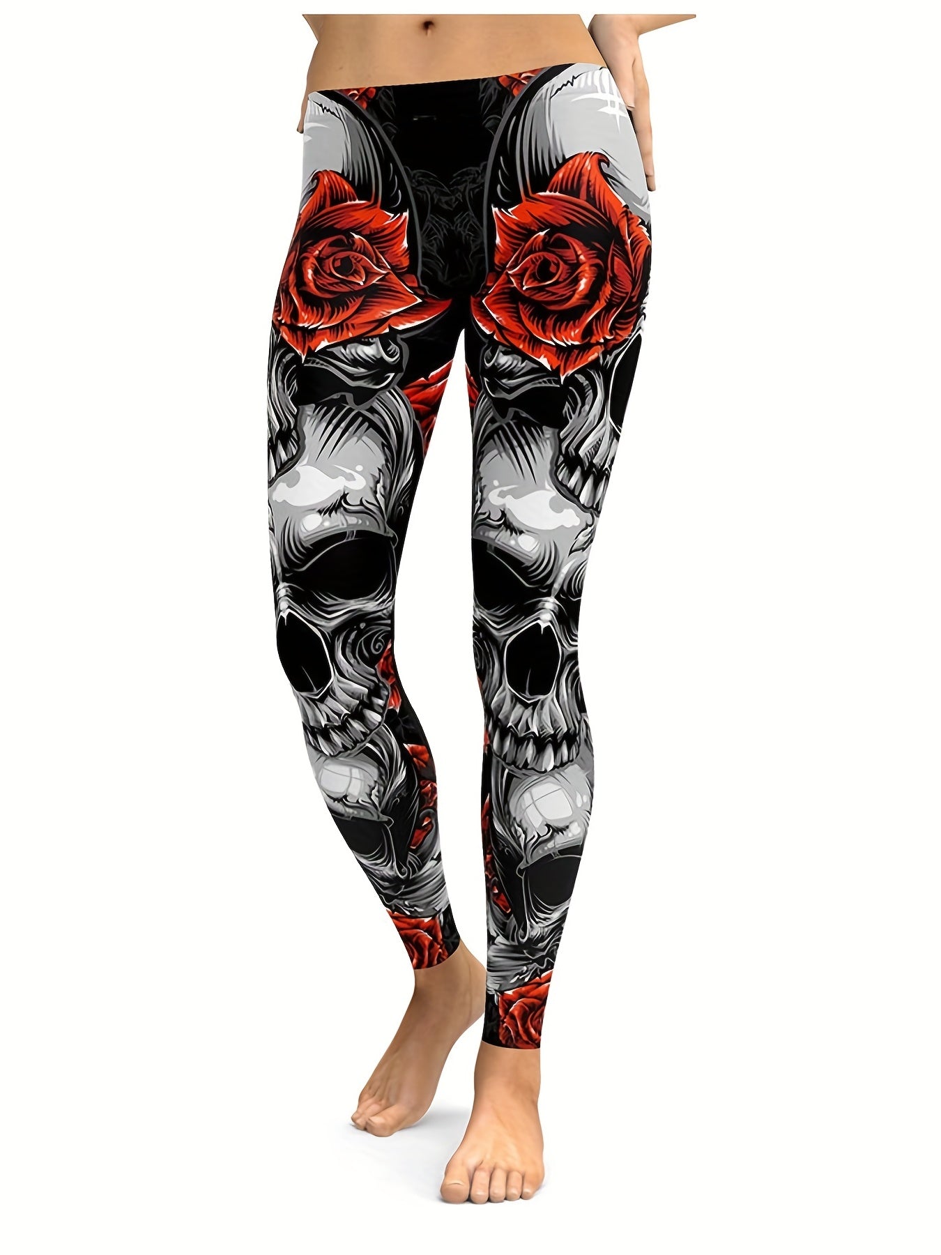Floral & Skull Print Skinny Leggings Women's Clothing