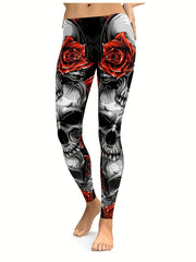 Floral & Skull Print Skinny Leggings Women's Clothing