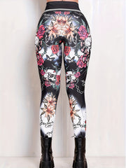 Goth Leggings Floral & Skull Print Tummy Control