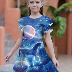 3D Unicorn Graphic Short Sleeve Dress for Girls Summer Gift Party