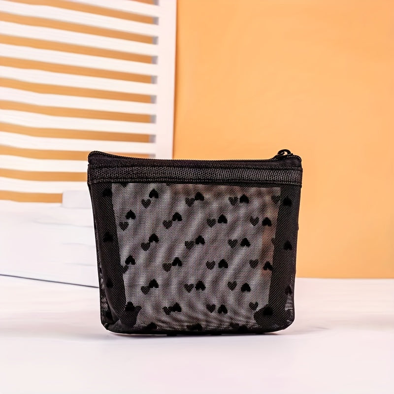 Heart Pattern Mesh Makeup Bag Cosmetic Zipper Pouch Small Travel Storage Bag