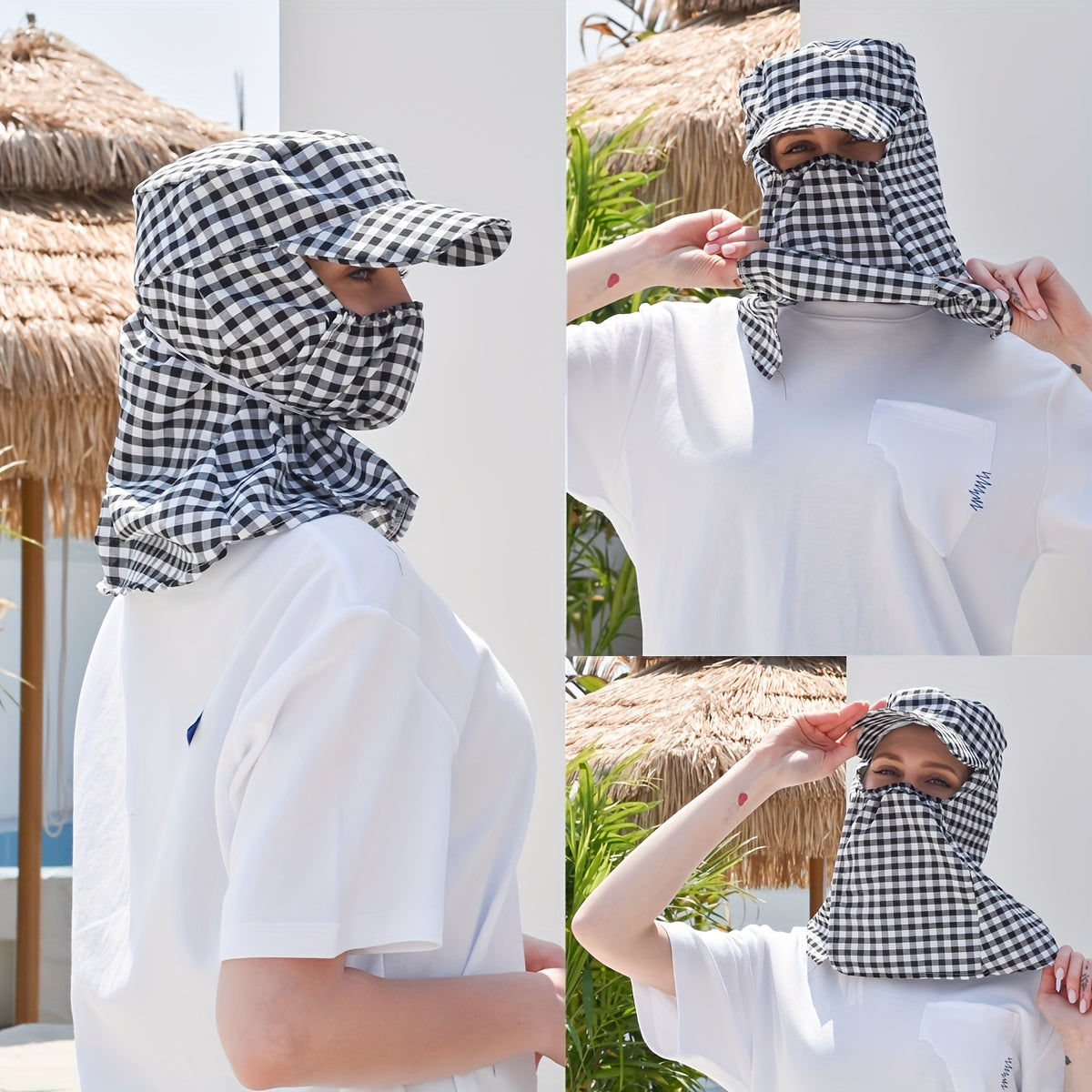 Sunscreen Sun Hat with Large Brim Face Covering Plaid Duck Tongue Sunshade