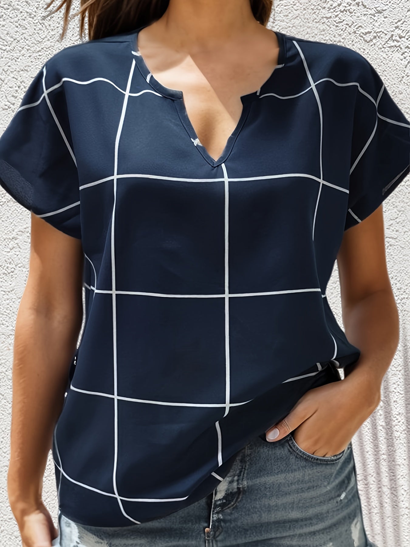 Plaid Print Batwing Sleeve Notched Neck Shirt Top