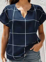 Plaid Print Batwing Sleeve Notched Neck Shirt Top