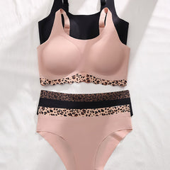 Leopard Stitching Bra & Panties Set, Push Up Wireless, Seamless Lingerie