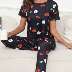 Floral & Cherry Print Pajama Set Short Sleeve Top & Pants Women's Sleepwear