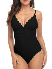 V Neck One Piece Swimsuit Scallop Trim Bow Tie Back