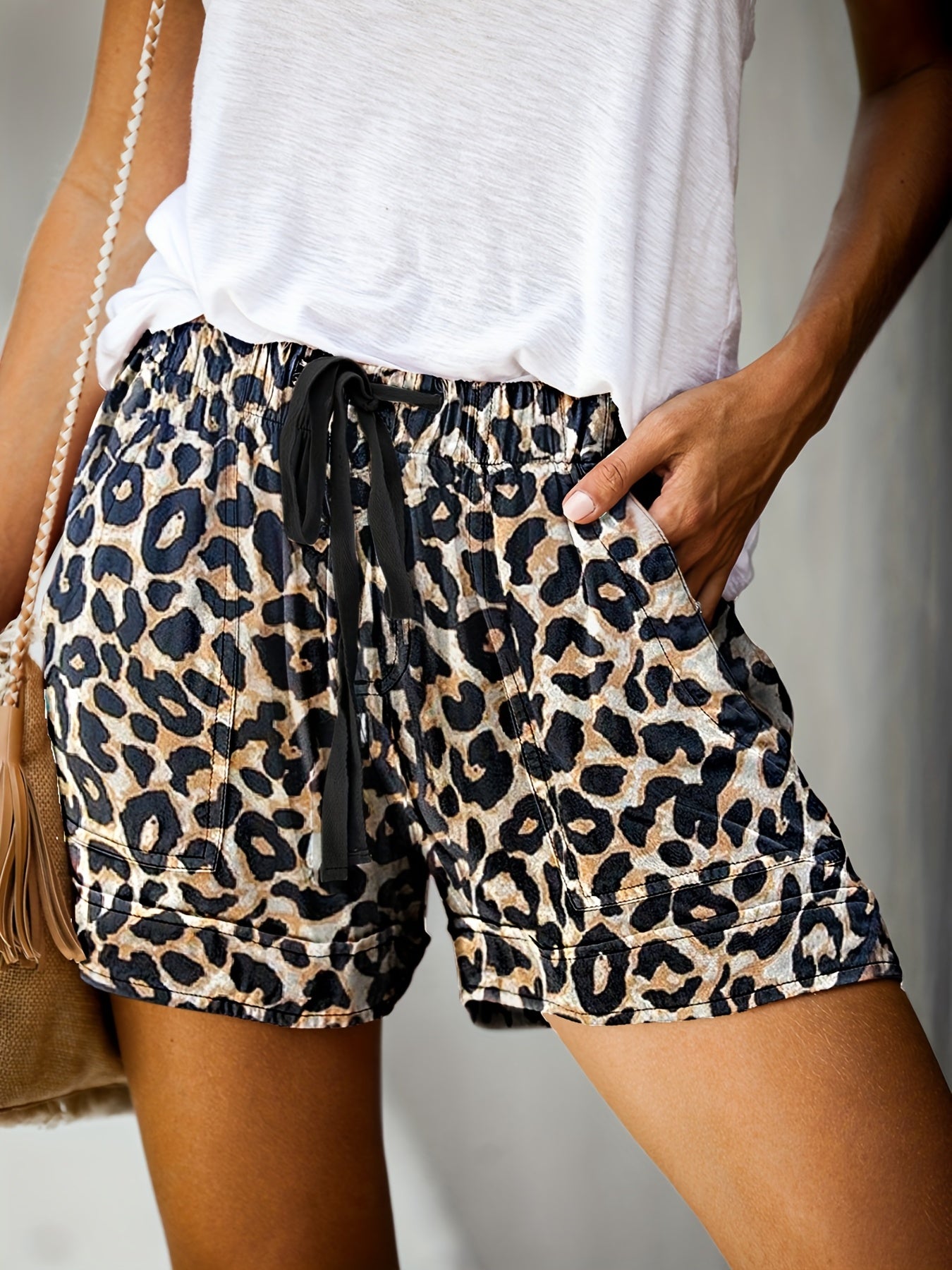 Leopard Print Drawstring Shorts Casual Elastic Waist Summer Shorts