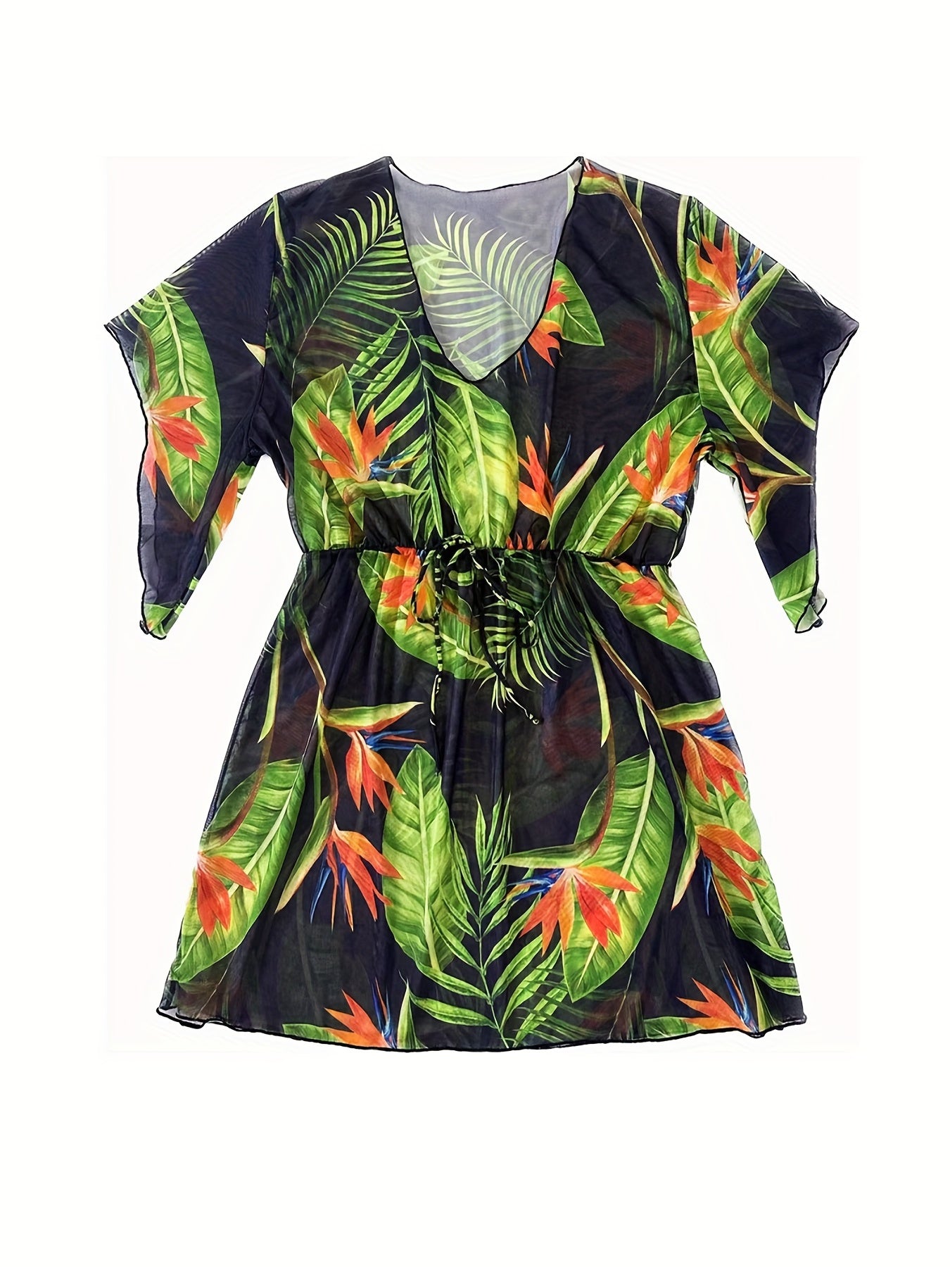 Tropical Print Bell Sleeve V Neck Cover Up